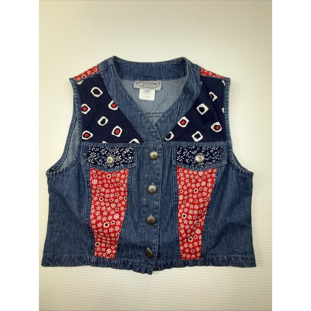 Vintage 1990s Stonebridge blue & red cropped patchwork denim vest Skirt Set PS - Picture 2 of 10